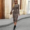 Women Long Sleeve O Neck Leopard Printed Split Bodycon Package Hip Dress