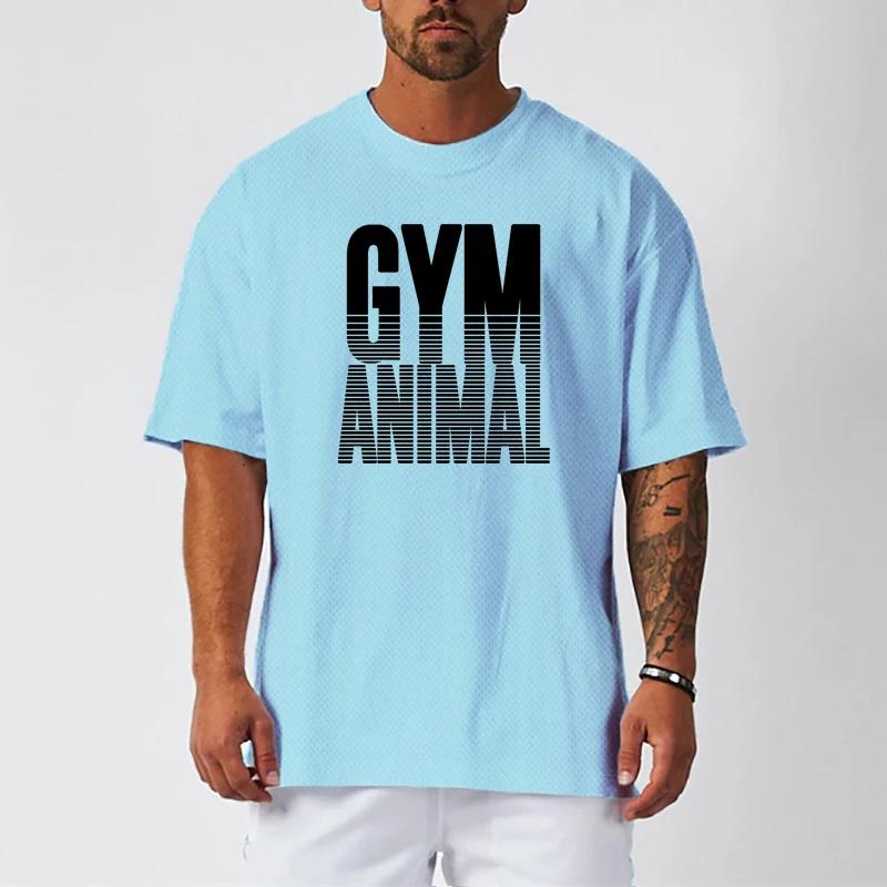 Muscleguys Gym Animal Running T-shirts Mens Oversized Drop Shoulders Half Sleeve T Shirt Summer Quick Dry Mesh Clothing Fitness Loose Shirt