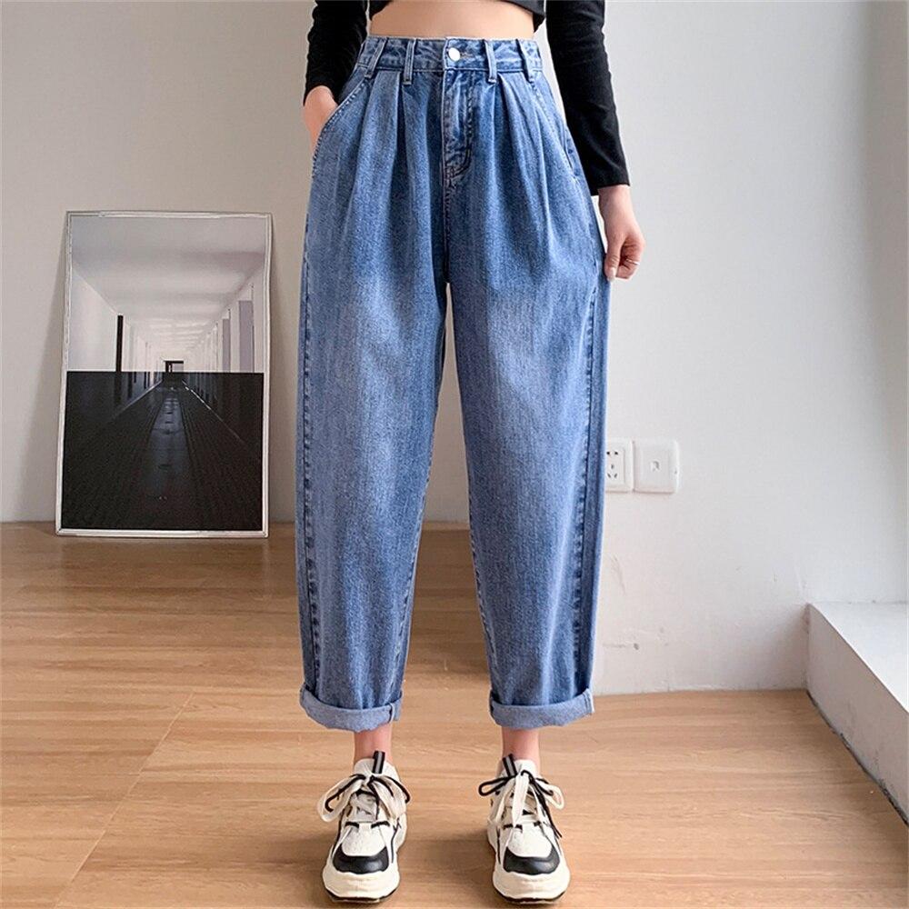 

Новинка 2022 года, женские джинсы в Корейском стиле с высокой талией в стиле Харадзюку, ретро, ​​широкие брюки, прямые брюки для отдыха в стиле ретро 32 синий