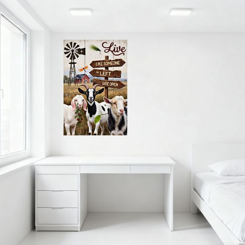 Rustic Farm Scene Metal Tin Sign - Windmill, Red Barn, Goats & 'Like Someone The Left Gate Open' Whimsical Farm Life Decor for H