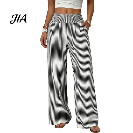 Breathable Loose Trousers Women Striped Wide Leg Pants, Summer Elastic Waist Casual Trousers, Fit Palazzo Pants with Pockets Soft Lounge