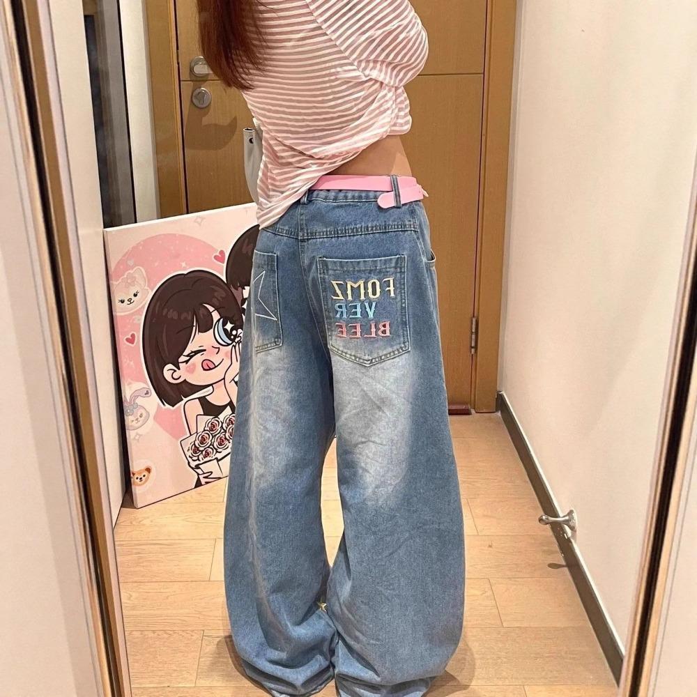 Women's High Waist Wide Leg Jeans Loose Fit Star Embroidery Vintage Washed Denim Pants Streetwear Trousers