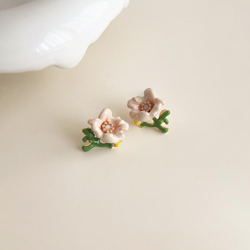Dripping Enamel Flower Series Real 925 Silver Gold Plant Stud Earrings For Women Small Niche Accessories