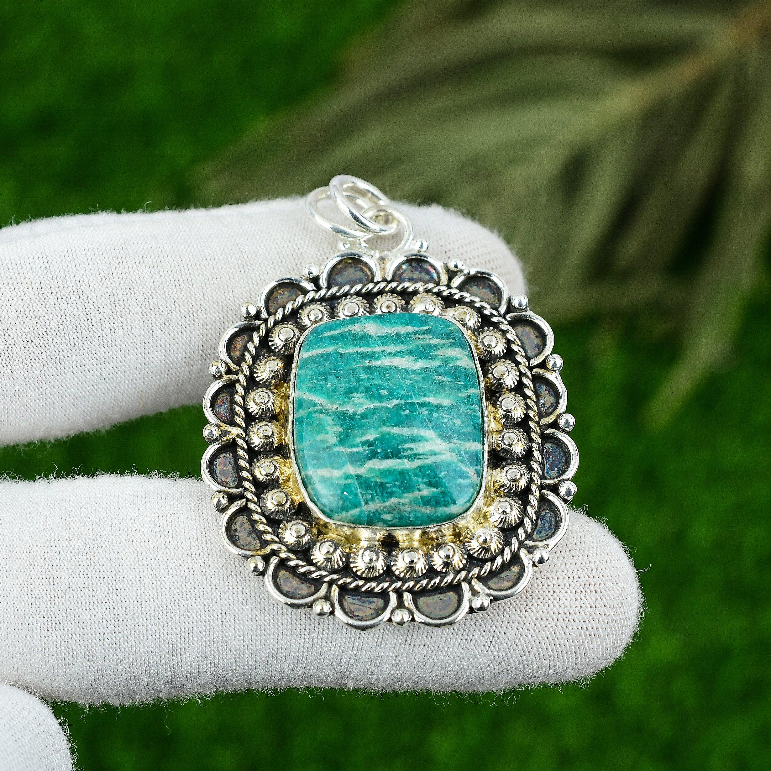 

Серебро 925 пробы Сияющий Натуральный Амазонит Сестра Ручная работа Безель Арт Деко Подвеска