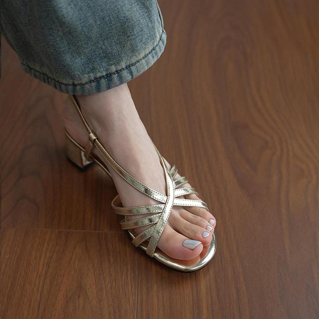 Sheepskin version~ Summer French temperament outer wear medium heel thin strap sandals women's head open toes with skirt casual high heels