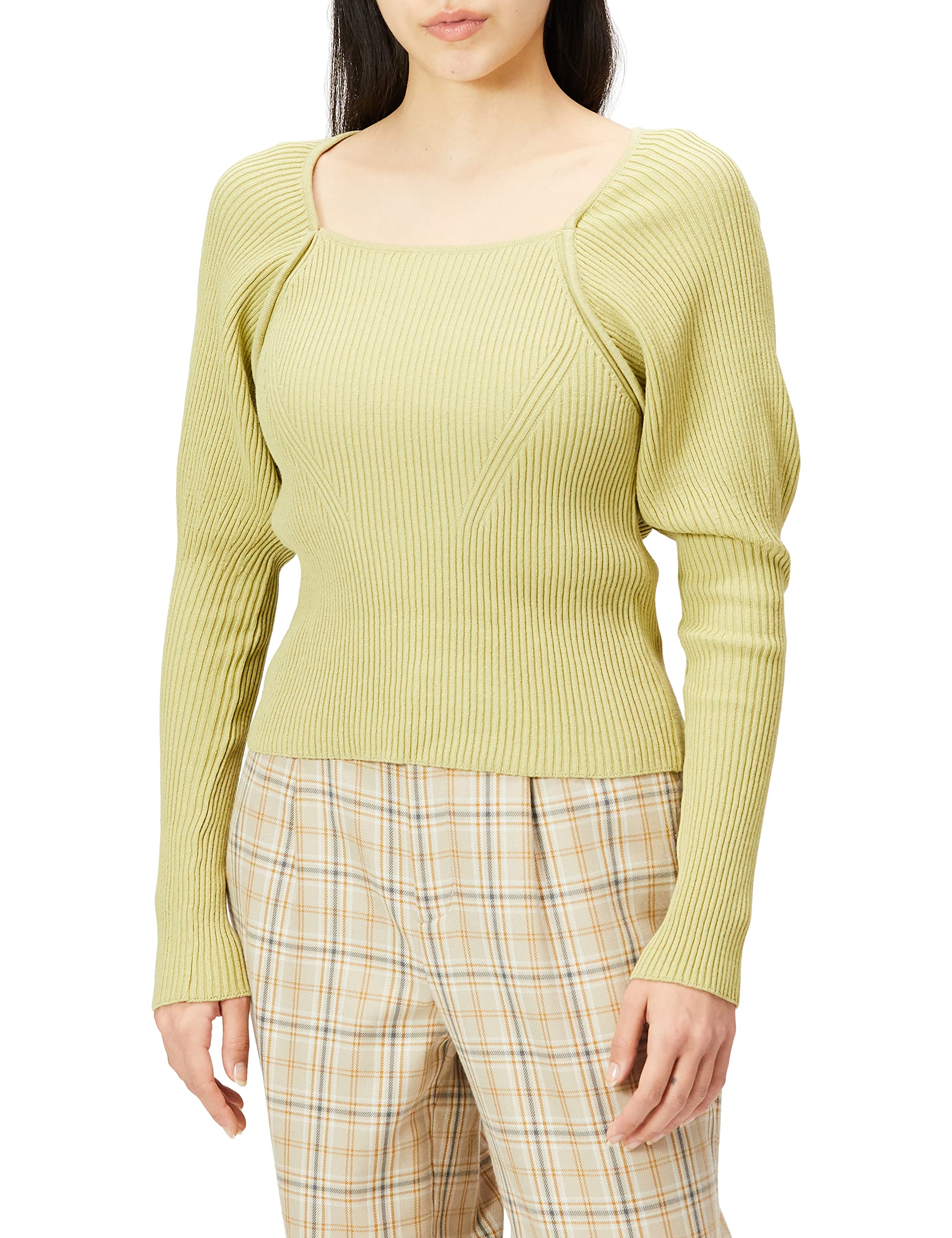 

Freeze Mart Пуловер женский с квадратным вырезом, рукавами-буфами, в рубчик, FR, Желтый,