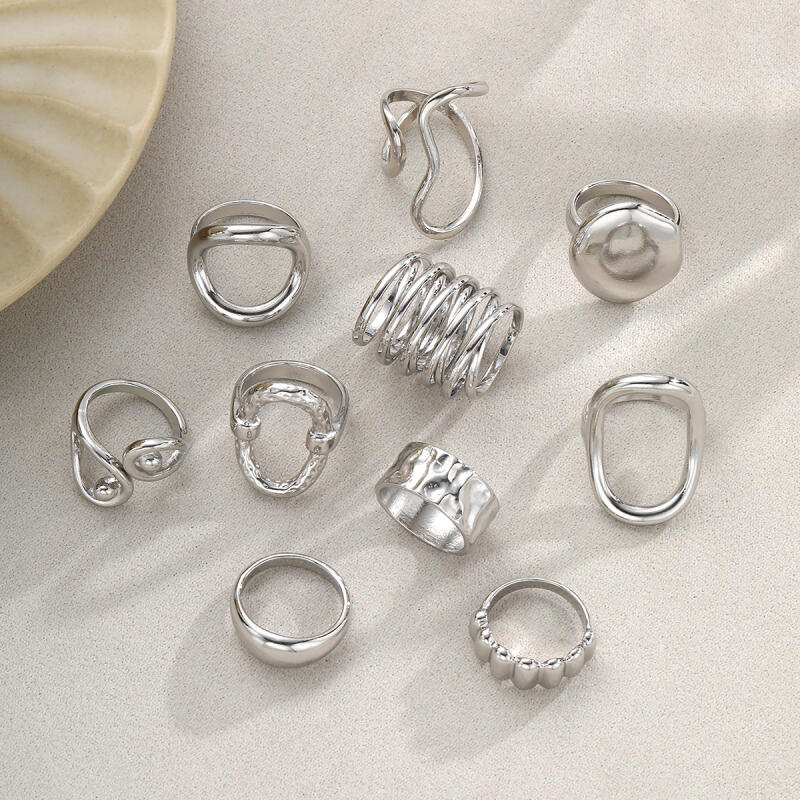 10Pcs/Sets Hiphop Irregular Hollow Arc-Shaped Rings for Women Men Punk Gothic Smooth Opening Rings Set Party Jewelry Accessories