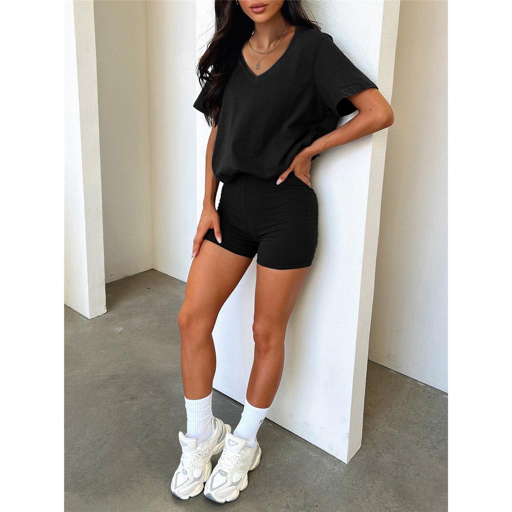 Women's Sets Short-sleeved V-neck T-shirt Sexy Shorts Casual Solid Color 2-piece Set Clothes Sale