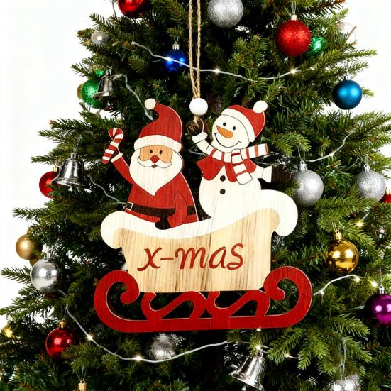 Christmas Ornament Wooden Hanging Santa Snowman Merry Christmas Decor Wood Red Xmas Tree Ornament for Holiday Home Decor
