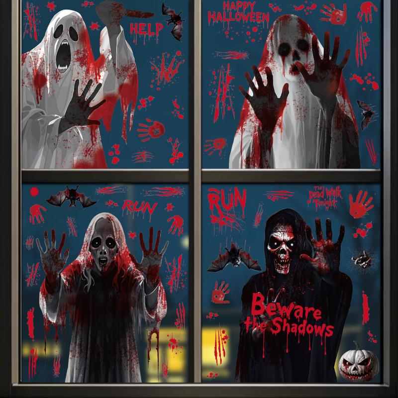 2025 Halloween Static Cling Stickers Scary Ghost Woman Bloody Handprint Window Decals For Spooky Party Home Decor