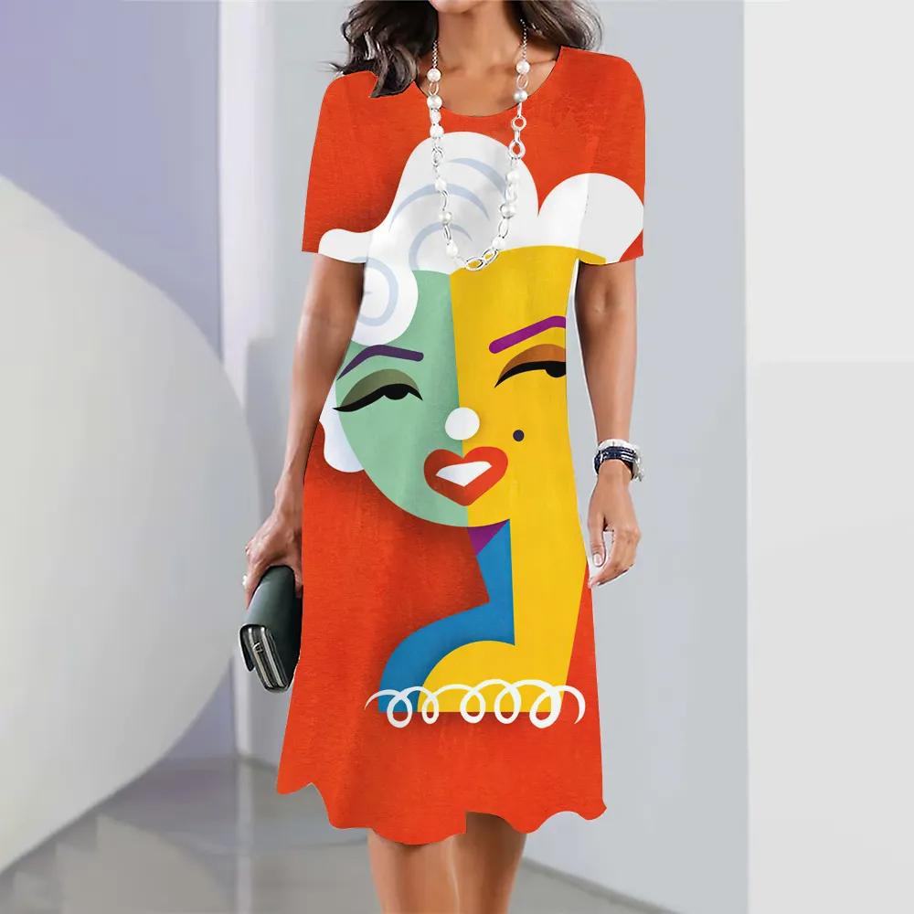 2026 New Summer Fashion Women's Short-sleeved Loose Dress Ladies Holiday Casual Loose Round Neck Dress 3d Facial Printing Clothes