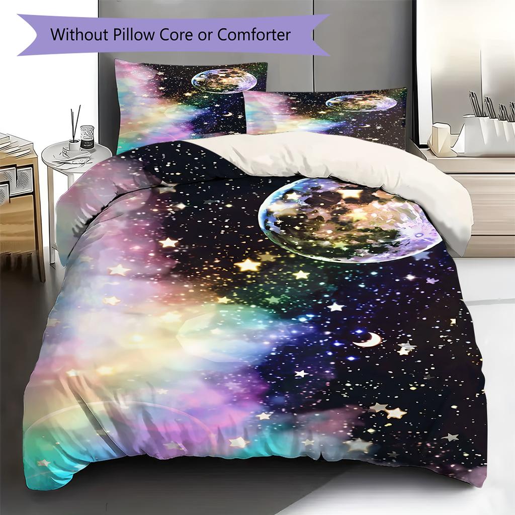 Galaxy Moon Pattern Bedding Quilt Set Quilt Cover Pillowcase Home Decoration Gift (1 * Duvet Cover + 2 * Pillowcase, Without Core)
