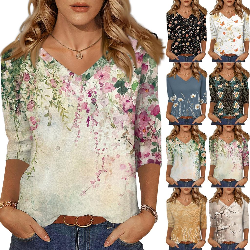 3/4 Sleeve Shirts For Women Cute Print Graphic Tees Blouses Casual Plus Size Basic Tops Pullover