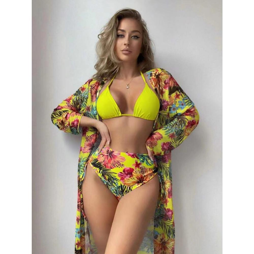 European and American Sexy Bikini Three-Piece Printed Mesh Blouse Swimsuit