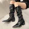 Fashion Pleated Thick Heels Boots Women 2025 Autumn Pointed Toe Pu Leather Mid Calf Boots Woman Gothic Slip on Designer Shoes