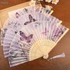 Purple Butterfly Bamboo Folding Hand Fan,Chinese Style Silk Handheld Fan with Tassel for Summer,Wedding & Decor