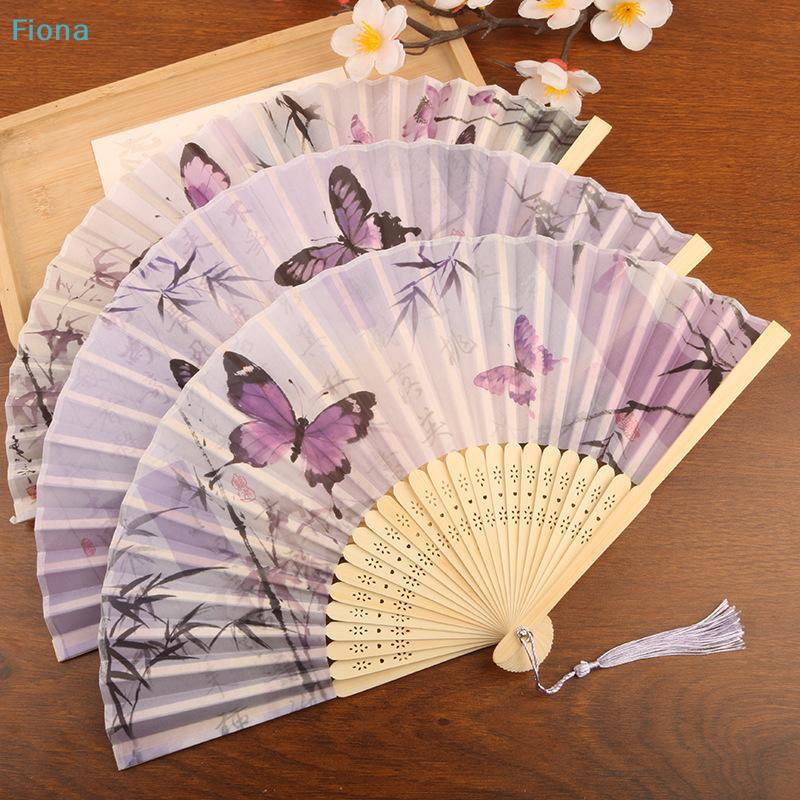 Purple Butterfly Bamboo Folding Hand Fan,Chinese Style Silk Handheld Fan with Tassel for Summer,Wedding & Decor