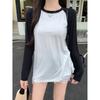 Real shot contrasting color splicing shoulder plugs long-sleeved T-shirt women's autumn loose and thin pure cotton top