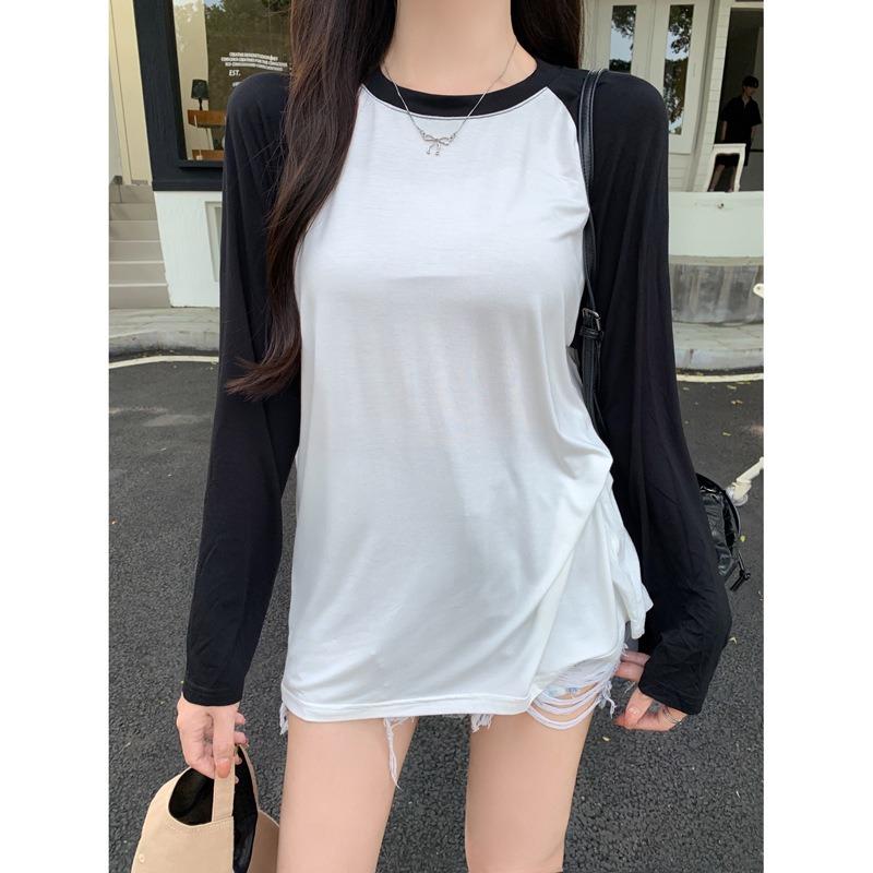Real shot contrasting color splicing shoulder plugs long-sleeved T-shirt women's autumn loose and thin pure cotton top