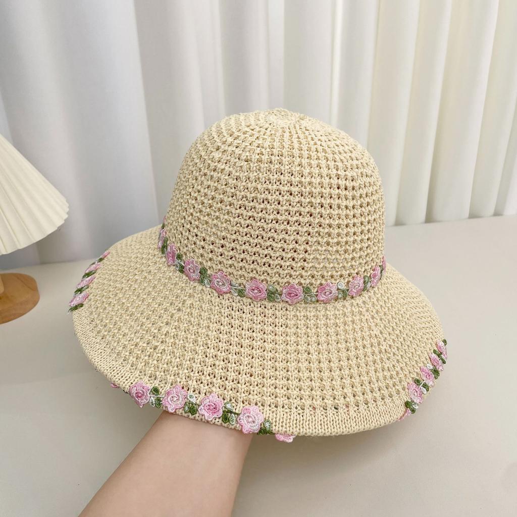Flower sun hat women's summer versatile idyllic hollow straw bucket hat big eaves beach hat