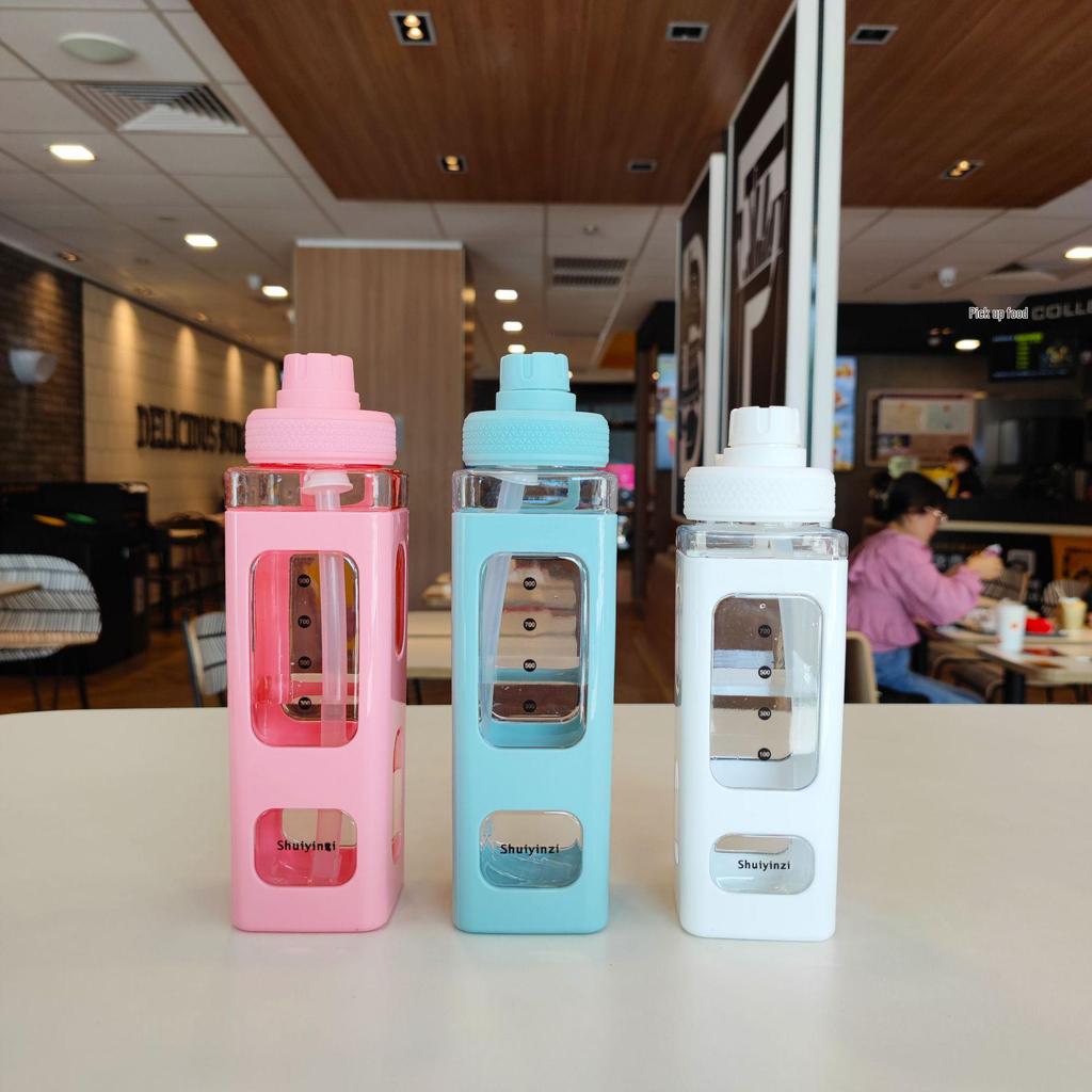 Quadratische Strohhalm-Plastik-Sportflasche - Doppelschichtig mit Griff