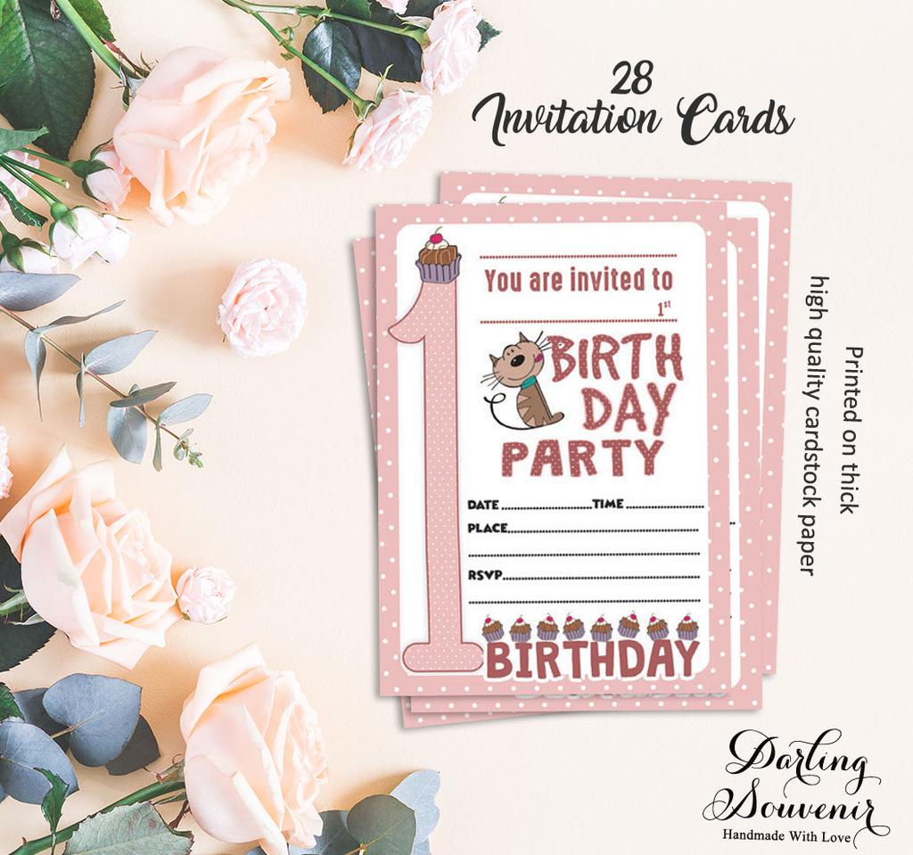 Darling Souvenir Pink Birthday Invitation Card Printable Fill or Write In Blank Invites Party Supplies Pack Of 28 5 x 7