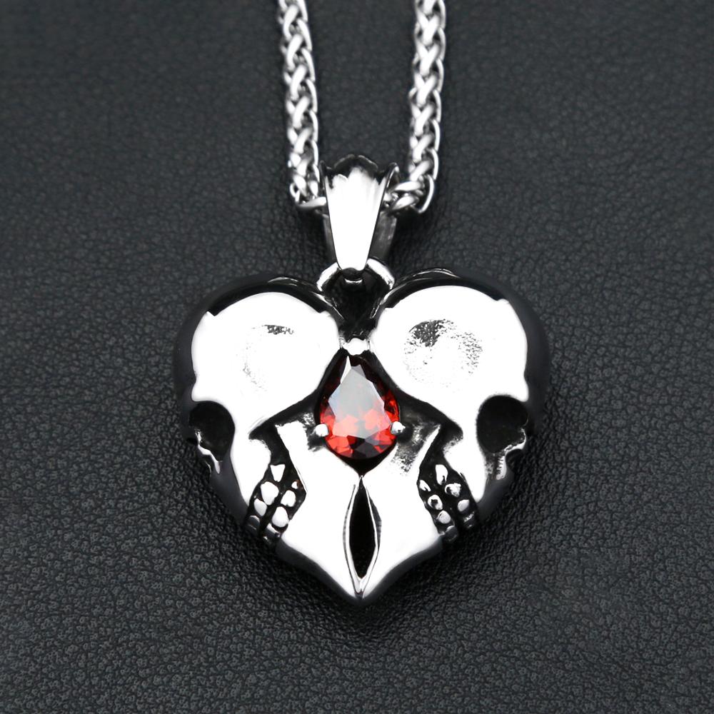 Vintage Stainless Steel Love Heart Skull with Red Gemstone Pendant Necklace for Men Women Fashion Punk Jewelry Gift Dropshipping