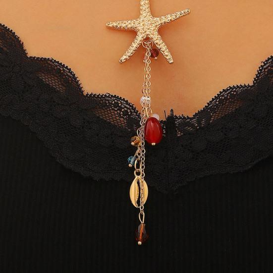 Bohemian Sea Star Shell Jewelry Set Beach-Inspired Necklace Earrings with Rhinestone Tassels Elegant Gift for Women Summer Beach Jewelry