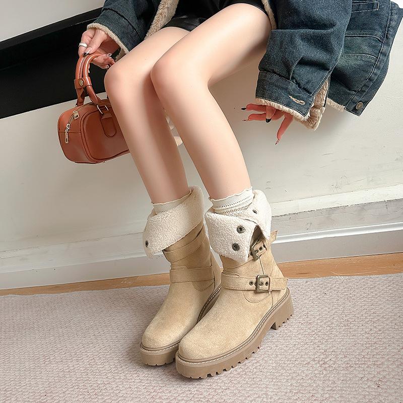 Inner Heightening Retro Martin Boots Thick-Soled Leather Two-Wear Piled Piling Boots Medium Tube Thin Boots Women'S Winter