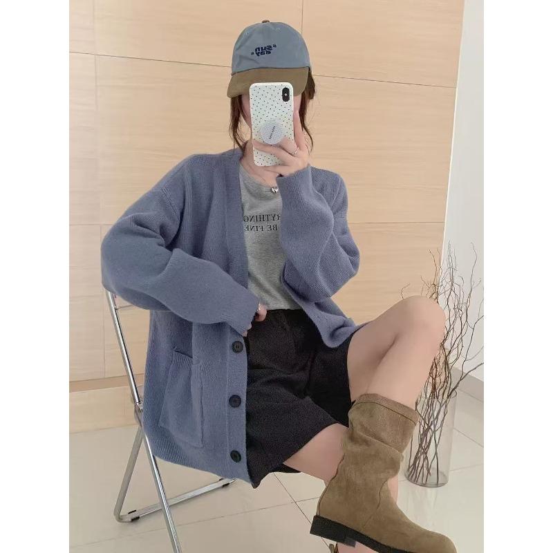 

Простой стиль универсальная куртка-свитер женская осень и зима новая свободная ленивая однобортная вязаная большая кардиган женский One size