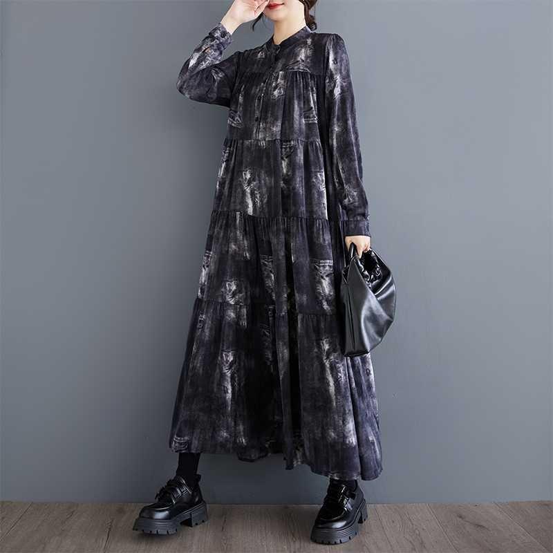 Nowe Sukienki w Dużym Rozmiarze, Luźne, Cienkie, Modne, z Długim Rękawem, Drukowane, o Długości Midi