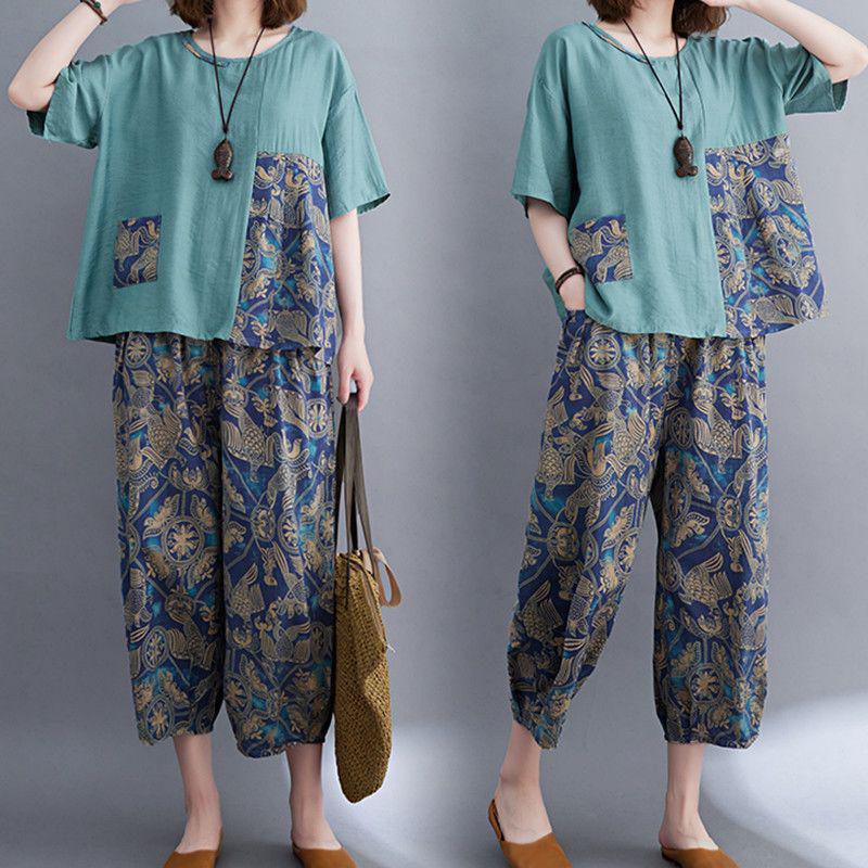 2026 Summer Women's Slimming Suit: Loose Top & Printed Nine-Point Pants Plus Size Two-Piece Set