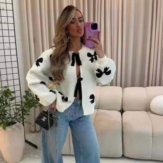 KOSY Sweter kardigan dzianinowy z nadrukiem kokardek Casual Damski sznurowany ażurowy z okrągłym dekoltem i długim rękawem Swetry damskie