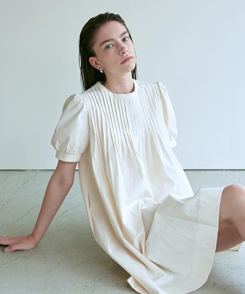 Nigaennikol Pintuck Button Dress_Cream