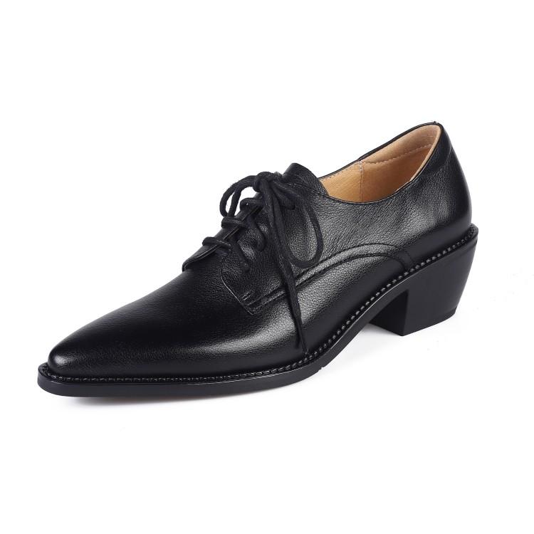 

Fashion NEW Spring/Autumn Women Pumps Genuine Leather Shoes for Women Pointed Toe Chunky Heel Shoes Casual Black Lace-up Handmade Shoes 34 чёрный