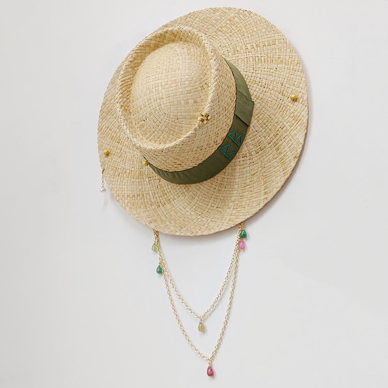 White straw hat pearl chain DIY flat top sun hat new Korean elastic ribbon hat beach hat candy color sun hat