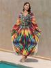 Summer Vintage Boho Women Plus Size Kaftan Sexy Beach Coverups Colorful Printed V Neck Batwing Sleeve