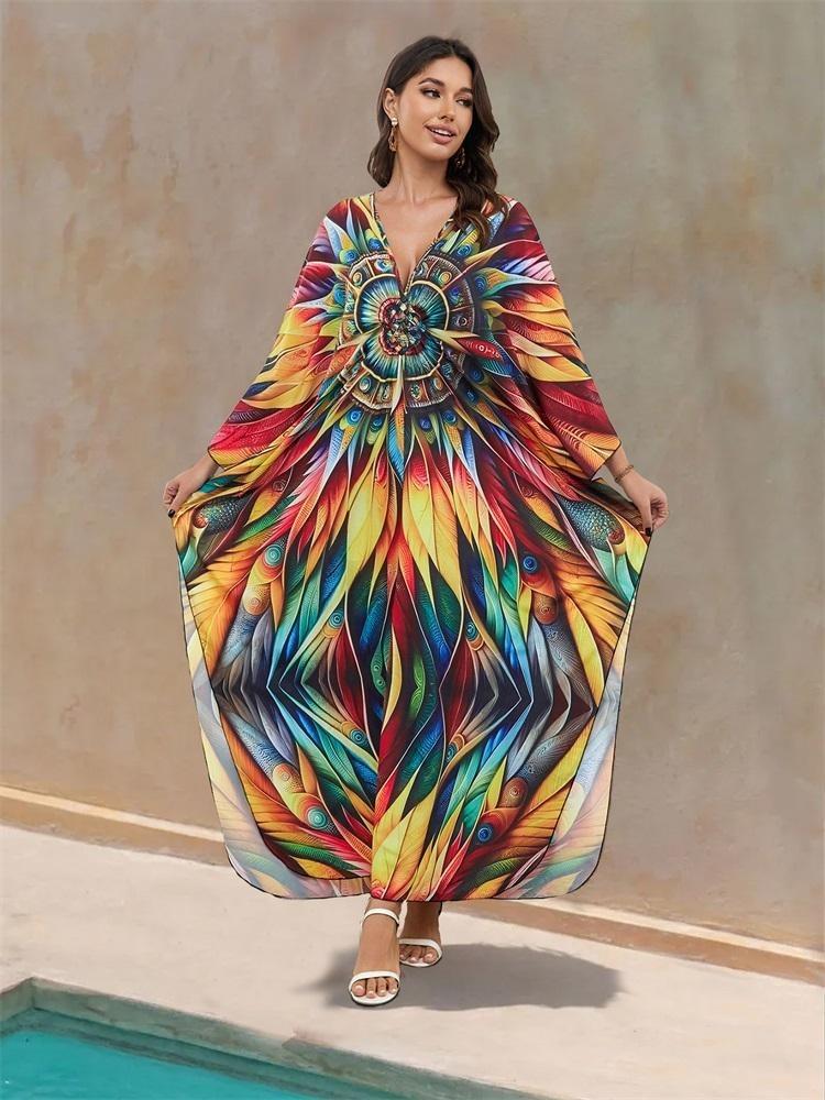 Summer Vintage Boho Women Plus Size Kaftan Sexy Beach Coverups Colorful Printed V Neck Batwing Sleeve