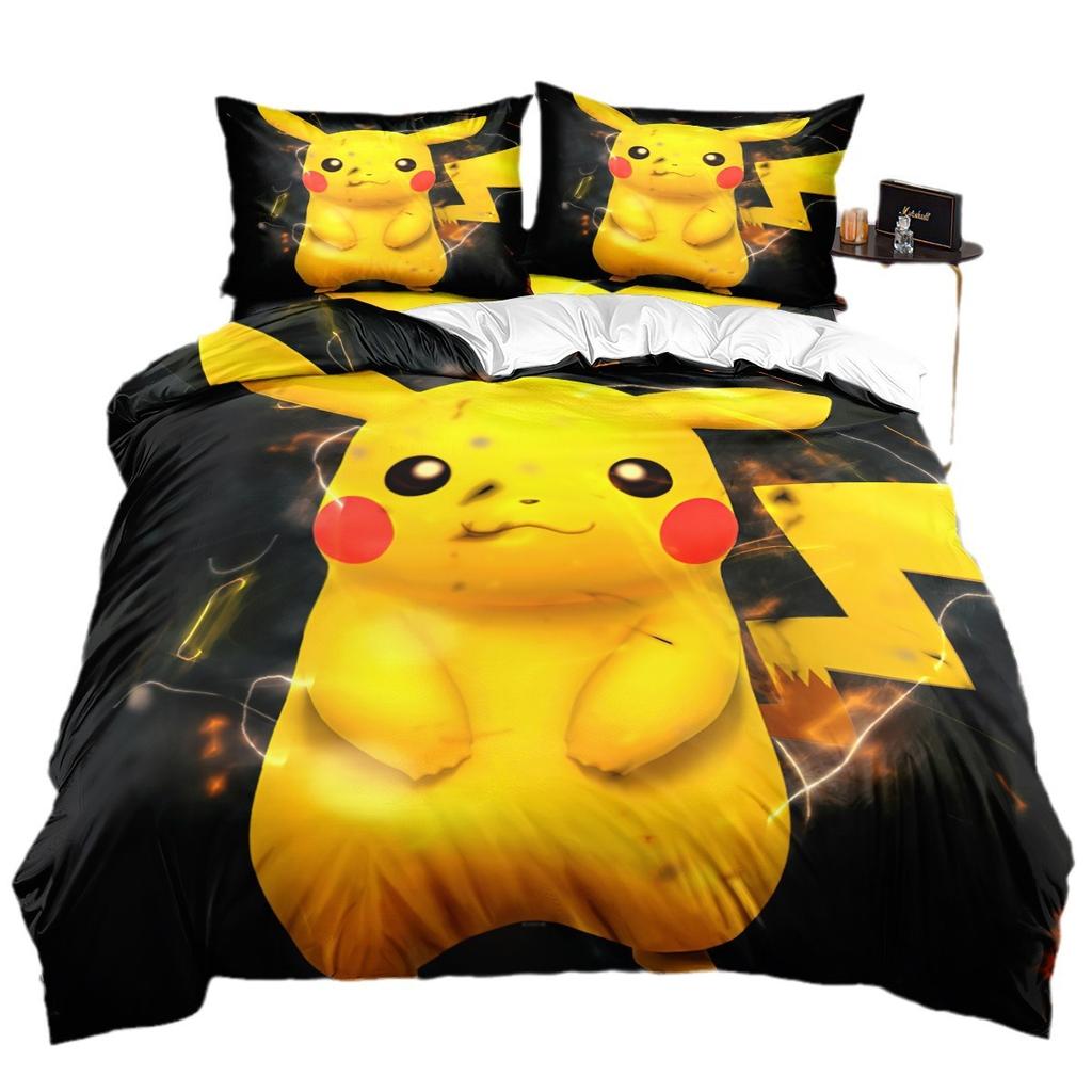 New P-Pokemon Bedding Set Cartoon Anime Pikachu Printed Duvet Cover Comforter Pillowcase Boys Girls Children Adults King Gift