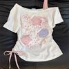 White Off Shoulder Hello Kitty Print Top with Pink Gingham Strap & Side Drawstring
