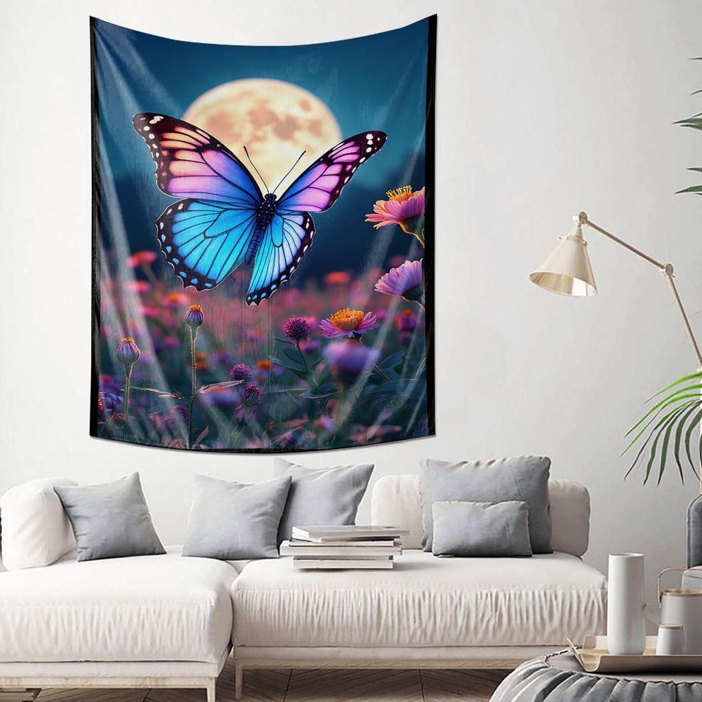 Flattern der Schmetterlinge im Mondlicht Ätherische Landschafts-Wandteppich für die Heimwanddekoration