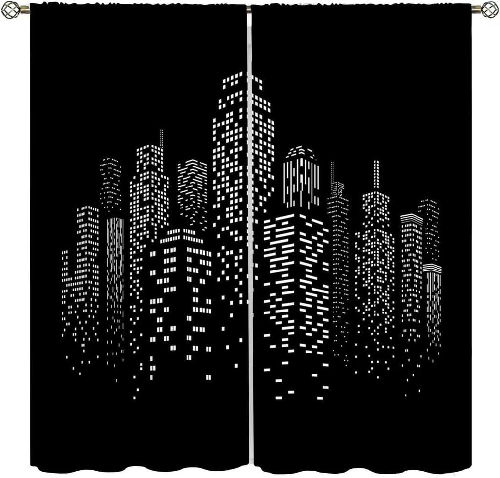 City Skyline Curtains Midnight Cityscape Purple Urban Starry Sky Printed Bedroom Living Room Window Drapes Curtain With Light Blocking Polyester