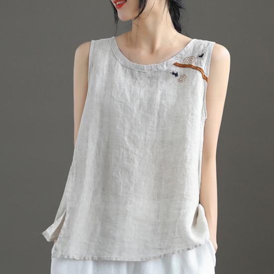 O-Neck Sleeveless Side Split Hem Loose Fit Retro Vest Women Summer Embroidery Pattern Top Streetwear