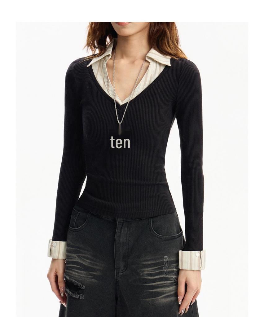 Women's School Style Knit T-Shirt: Peach Heart Design, Fake Two-Piece, Autumn/Winter Fashion
