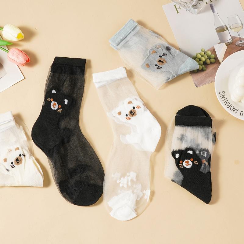 3/5 Pairs Cartoon Bear Sheer Mesh Socks for Women Breathable Transparent Ankle Socks Thin Summer Socks Cute Animal Pattern Socks