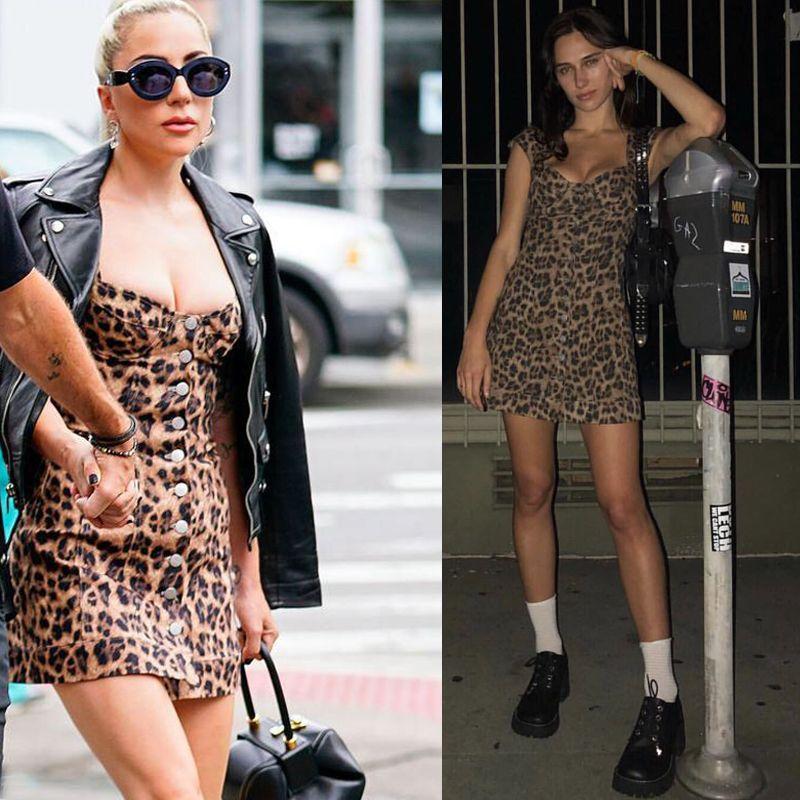 

Fashion Lady Gaga Same Style High Waist Leopard Print Mini Dress A- line Short Sleeve Dress Mini Skirt Star Zhao Xiaotang Same Style Zhao Xiaotang Same Coffee Leopard sexy Dress L