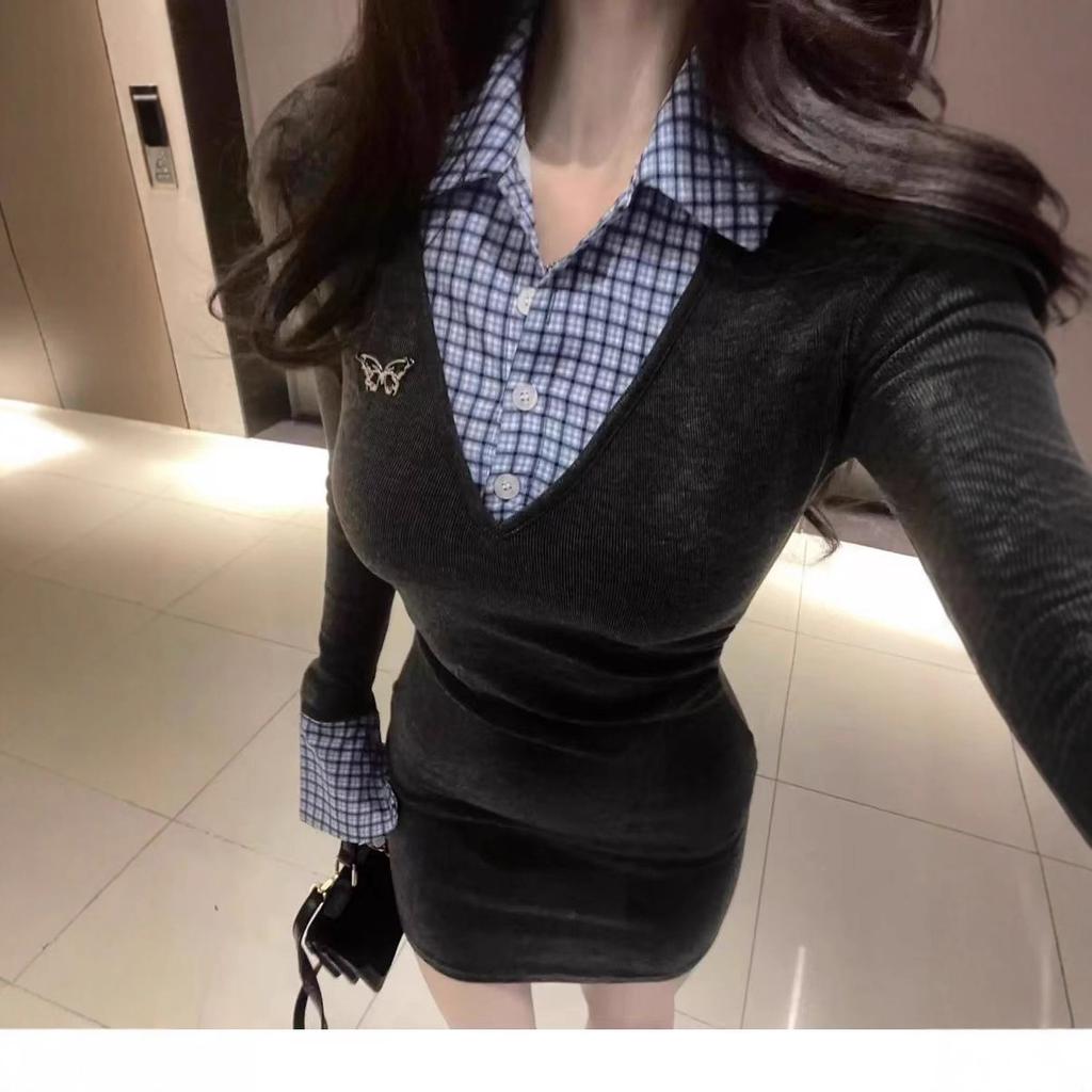 College style plaid splicing fake two-piece long-sleeved dress for women, waist and thin in autumn and winter, pure desire Spice Girl hip-wrapped