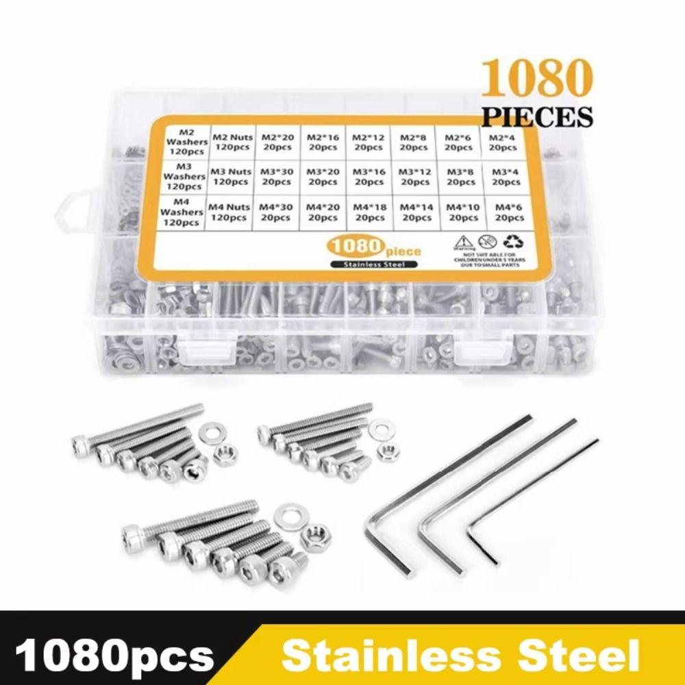 1080 Pcs M 2 M 3 M 4 Hex Button Machine Screws Stainless Steel Black Silver Metric Bolts Nuts Washers Kit Durable Hexagon Socket
