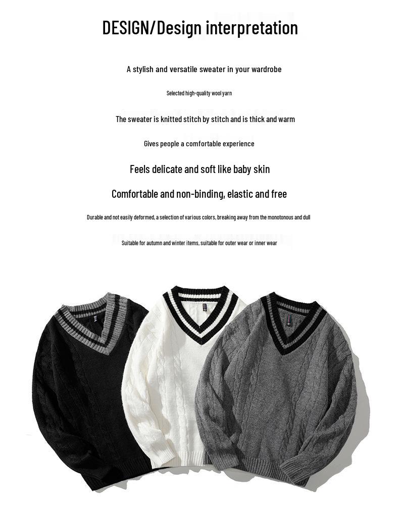 Men's Thickened V-Neck Knitted Sweater - 2024 Autumn/Winter Casual Base Layer