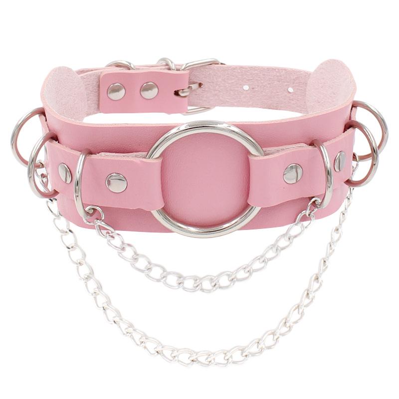 Punk dobbeltlags lær O-ring kjede choker halskjede - Europeisk og amerikansk street style metalldesign med sirkel.